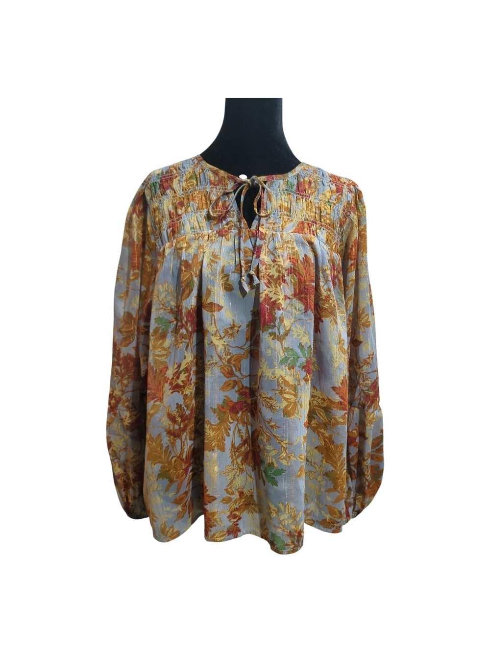 Maurices Sheer Floral Metallic Lurex Peasant Blouse Boho Balloon Sleeve Top Size